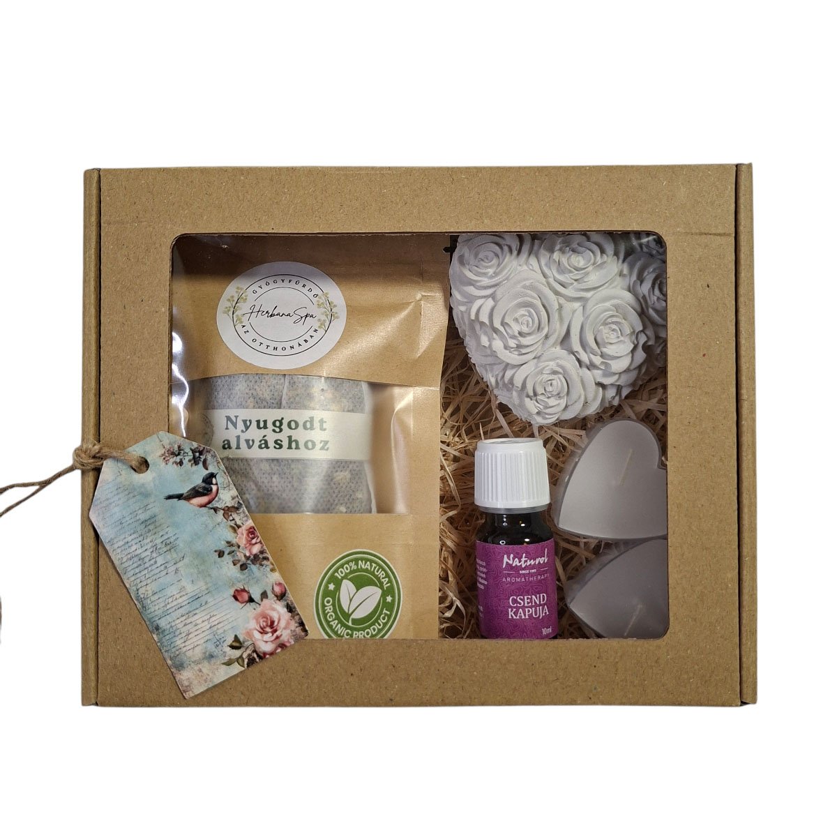 Kraft díszdoboz gyógynövényes fürdőkeverékkel és aromaterápiás termékekkel – természetes alvássegítő ajándék