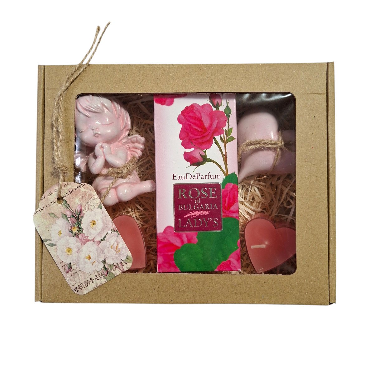 Ablakos kraft díszdoboz rózsás parfümmel és egyedi kézműves alkotásokkal – luxus ajándék nőknek