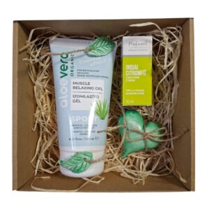 Ciprus férfi ajándékcsomag illóolajjal és Aloe Vera izomrelaxáló géllel – Én Box Shop kézműves wellness box