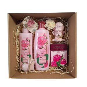 Rózsás kényeztető ajándékcsomag természetes kozmetikumokkal és kézműves kerámia díszekkel