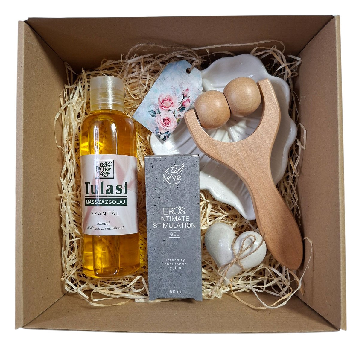 Romantikus páros masszázs szett – szantálfás masszázsolaj, fa masszírozó és intim kényeztető termékek