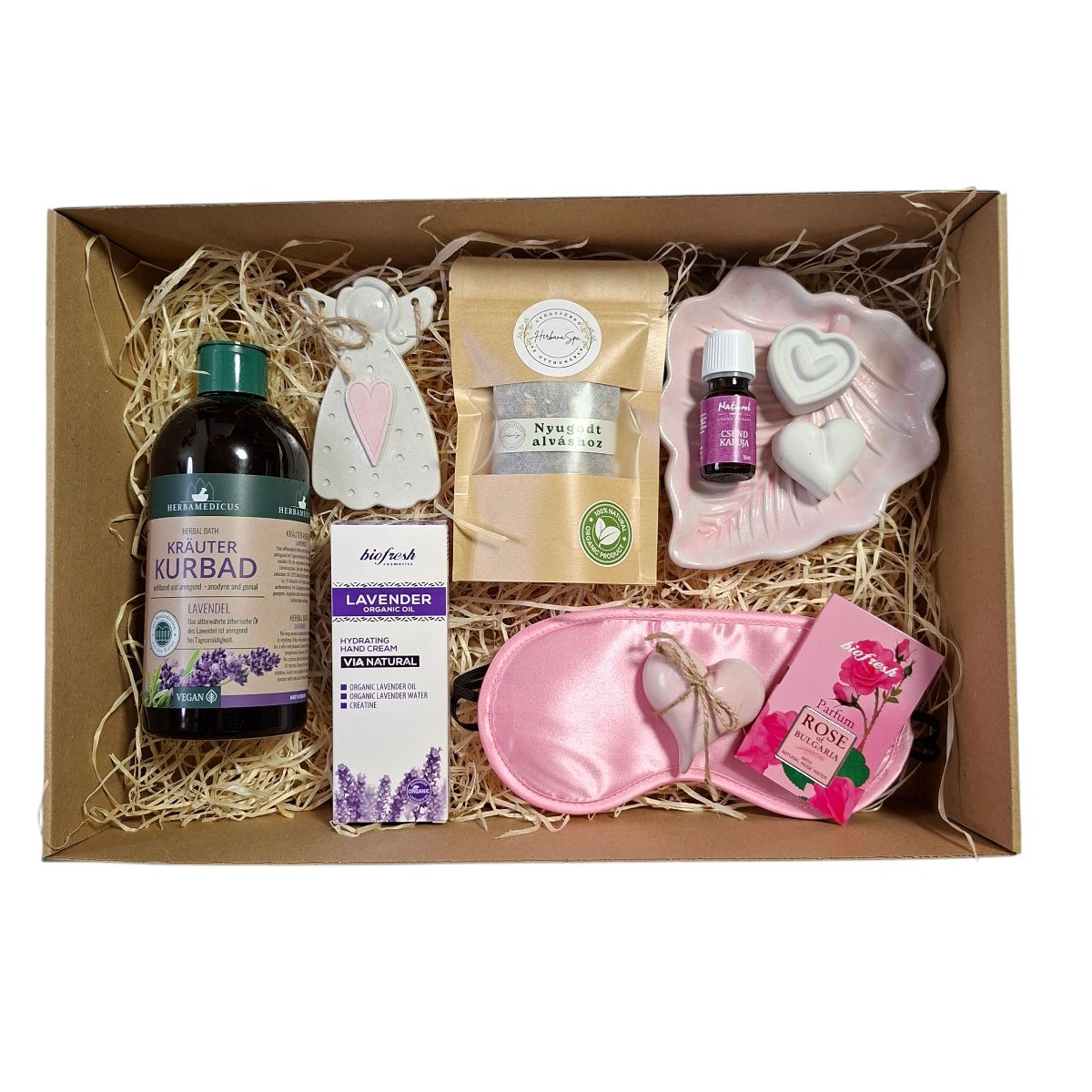 Levendulás alvássegítő wellness ajándékcsomag – alvómaszk, illóolaj és fürdőkoncentrátum