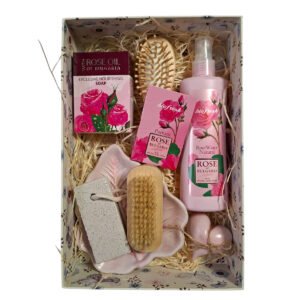 Öko és természetes szépségápolási ajándékcsomag – rózsavíz, fa hajkefe, habkő és növényi szappan