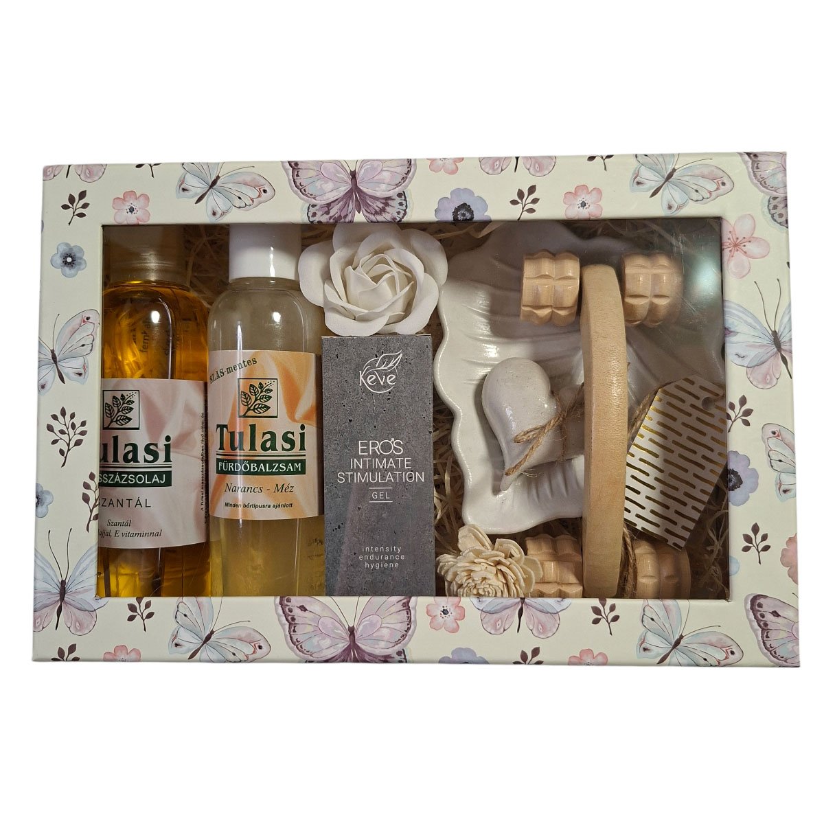 Prémium páros ajándékdoboz az intimebb pillanatokhoz – masszírozó és kézműves díszek
