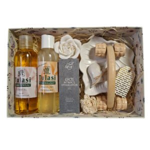 Romantikus páros wellness csomag – szantálfás masszázsolaj, fürdőbalzsam és intim gél díszdobozban
