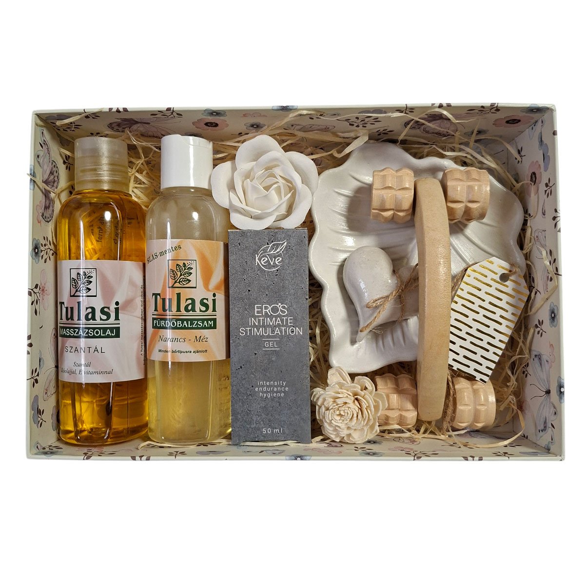 Romantikus páros wellness csomag – szantálfás masszázsolaj, fürdőbalzsam és intim gél díszdobozban