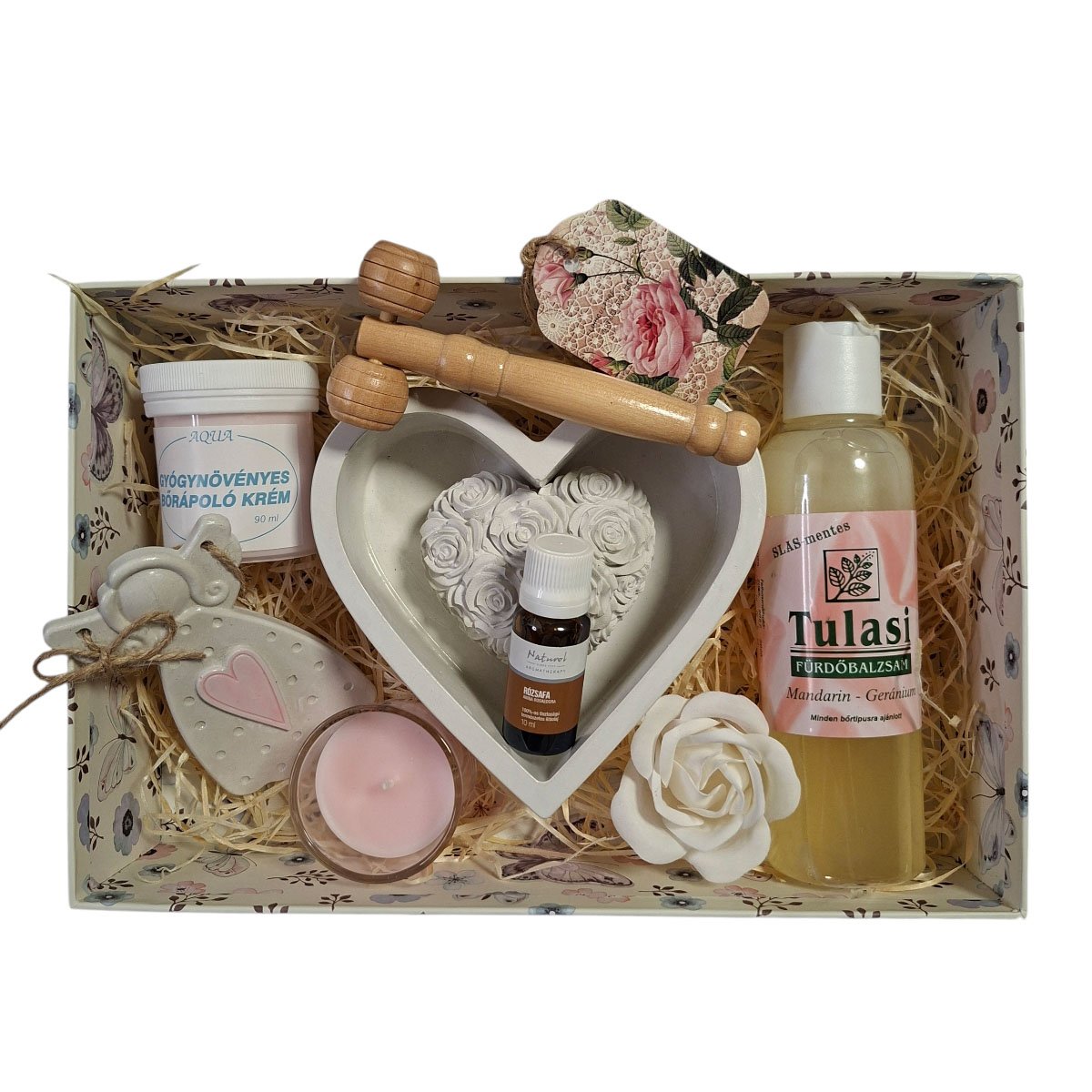 Rózsafa illóolajos wellness csomag – fürdőbalzsam, gyógynövényes krém és fa masszírozó díszdobozban