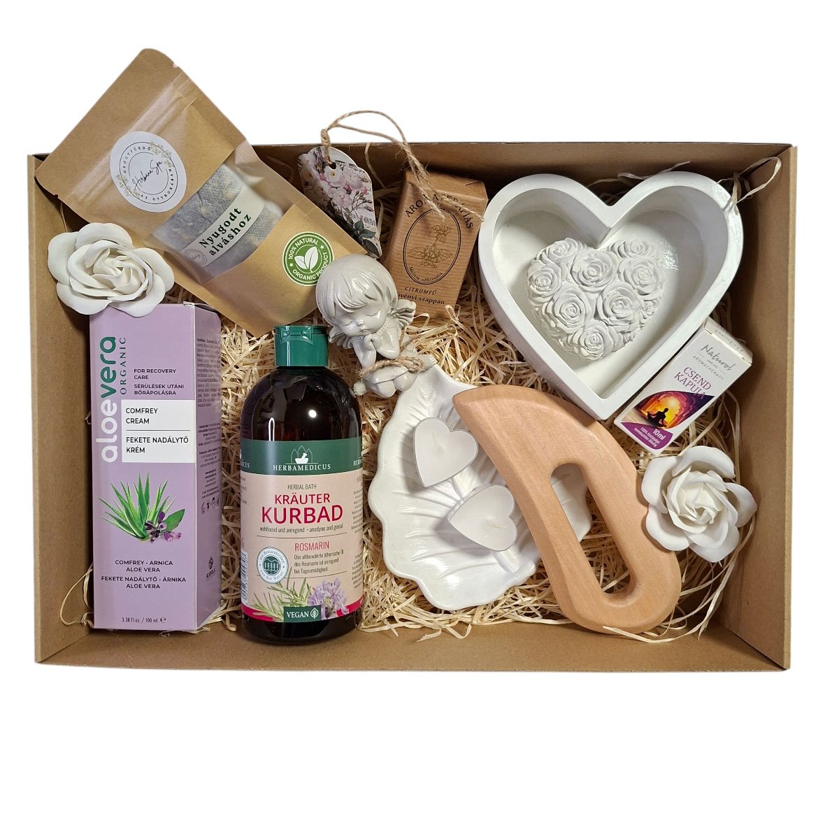 Komplett esti wellness rituálé dobozban – rozmaringos fürdő, nadálytő krém, illóolaj és gyógytea
