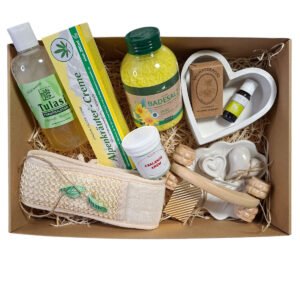 Alpesi gyógynövényes regeneráló csomag – arnika fürdősó, kenderolaj krém és fa masszírozó