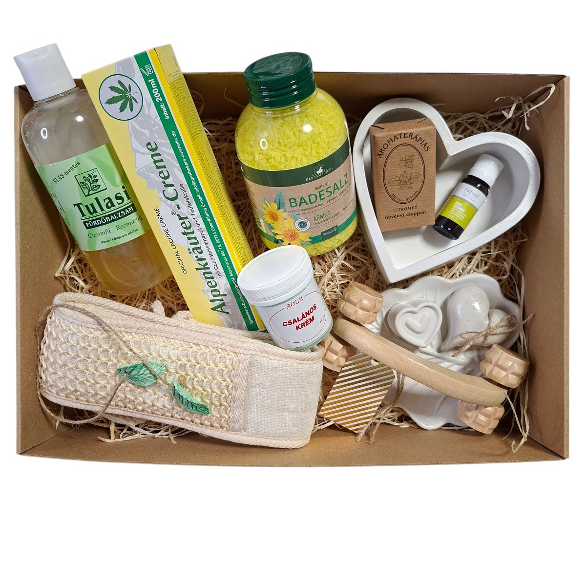 Alpesi gyógynövényes regeneráló csomag – arnika fürdősó, kenderolaj krém és fa masszírozó
