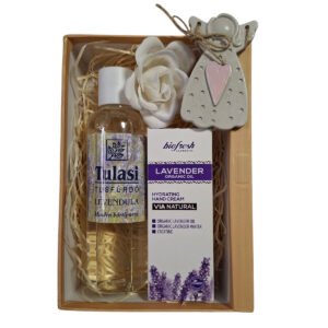 Levendulás prémium kényeztető csomag – testápoló, kézkrém és aromaterápiás illóolaj díszdobozban