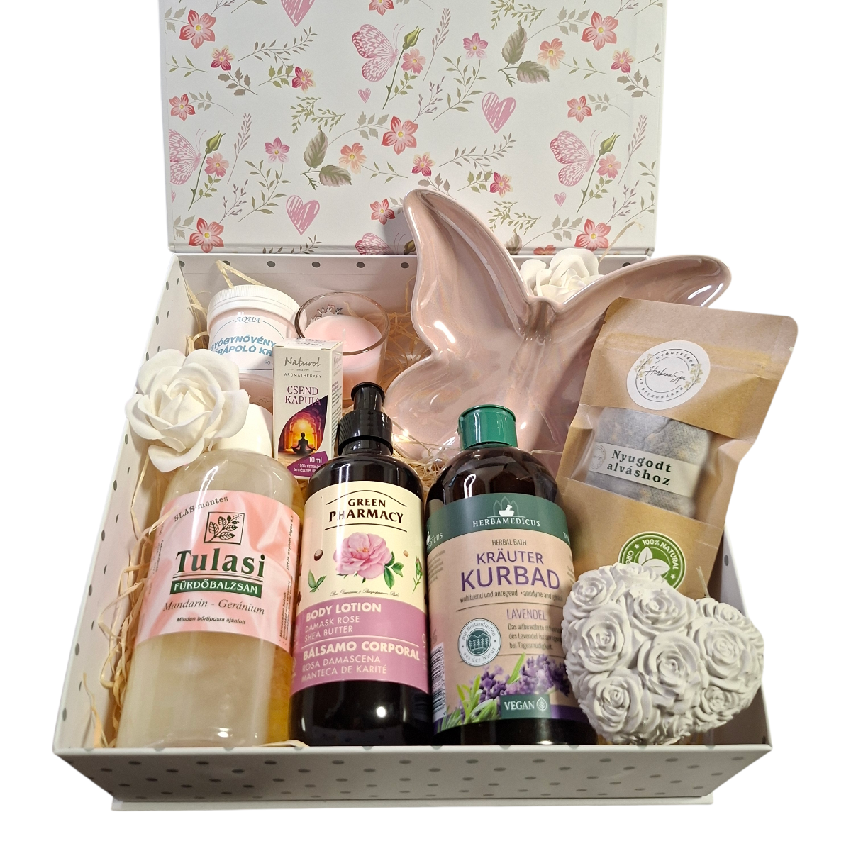 Álomszirom XL ajándékcsomag – rózsás és levendulás luxus kozmetikumok prémium nagy díszdobozban