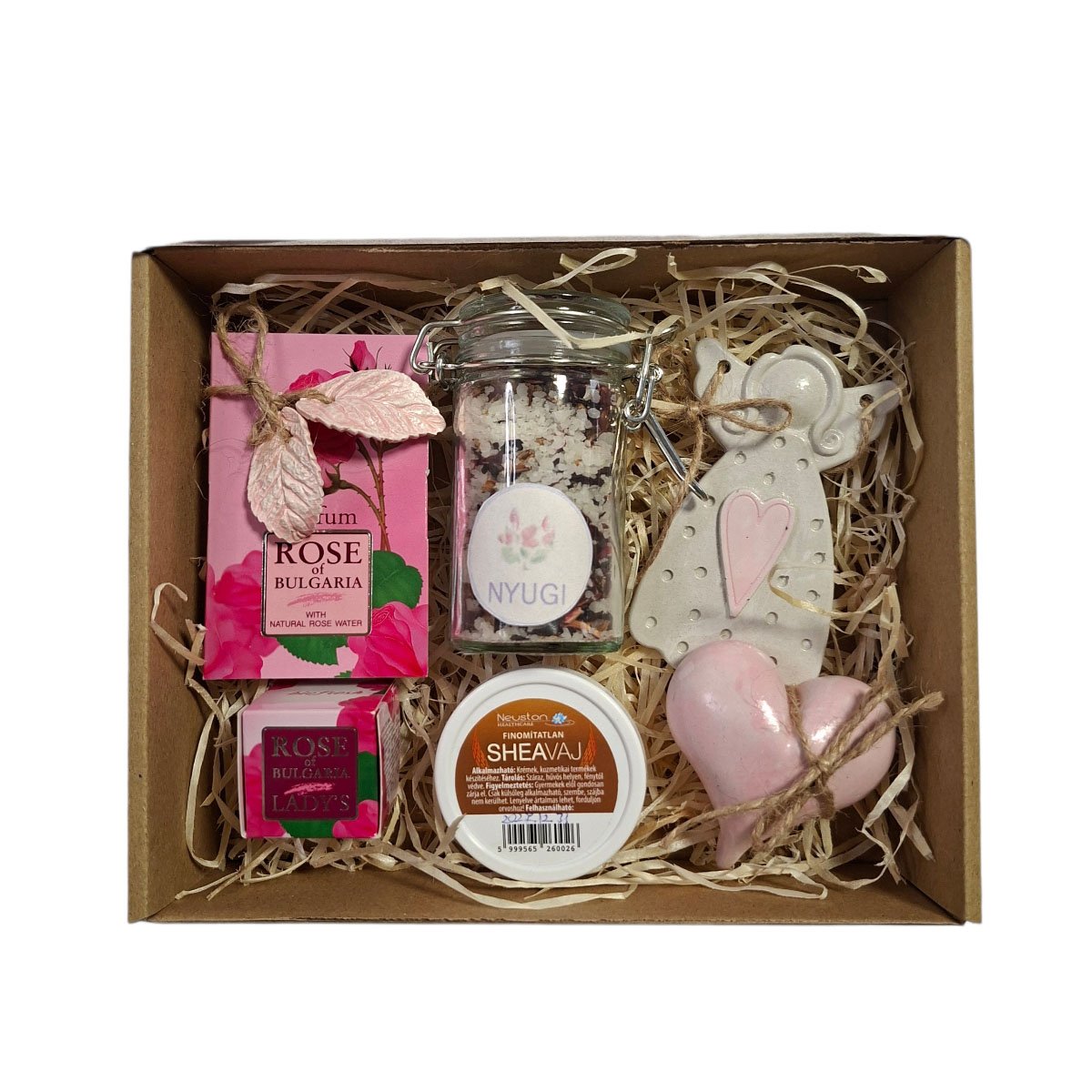 Virágos Kényeztetés Ajándékbox – Biofresh parfümolaj, sheavaj, kerámia angyalka és szívek